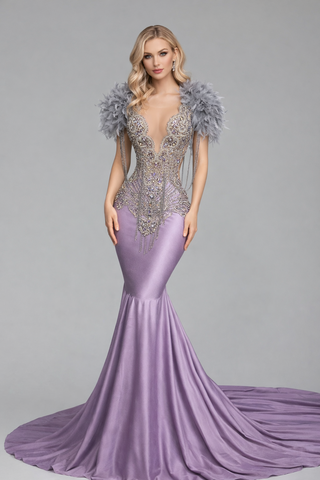Feathered Beaded Mermaid Gown - LAROSABRIDE