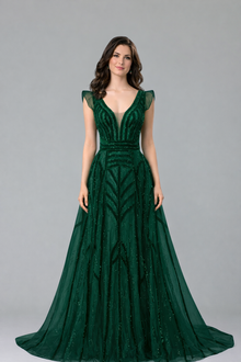 Deep V Crystal Mermaid Evening Dress - LAROSABRIDE