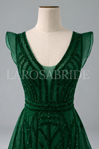Deep V Crystal Mermaid Evening Dress - LAROSABRIDE