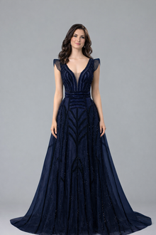 Deep V Crystal Mermaid Evening Dress - LAROSABRIDE