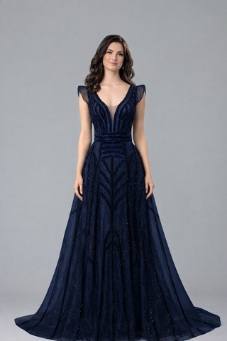 Deep V Crystal Mermaid Evening Dress - LAROSABRIDE
