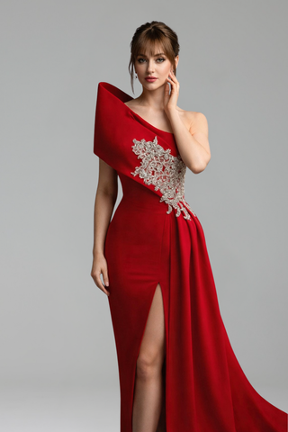Red Draped Embellished Accent Dress - LAROSABRIDE