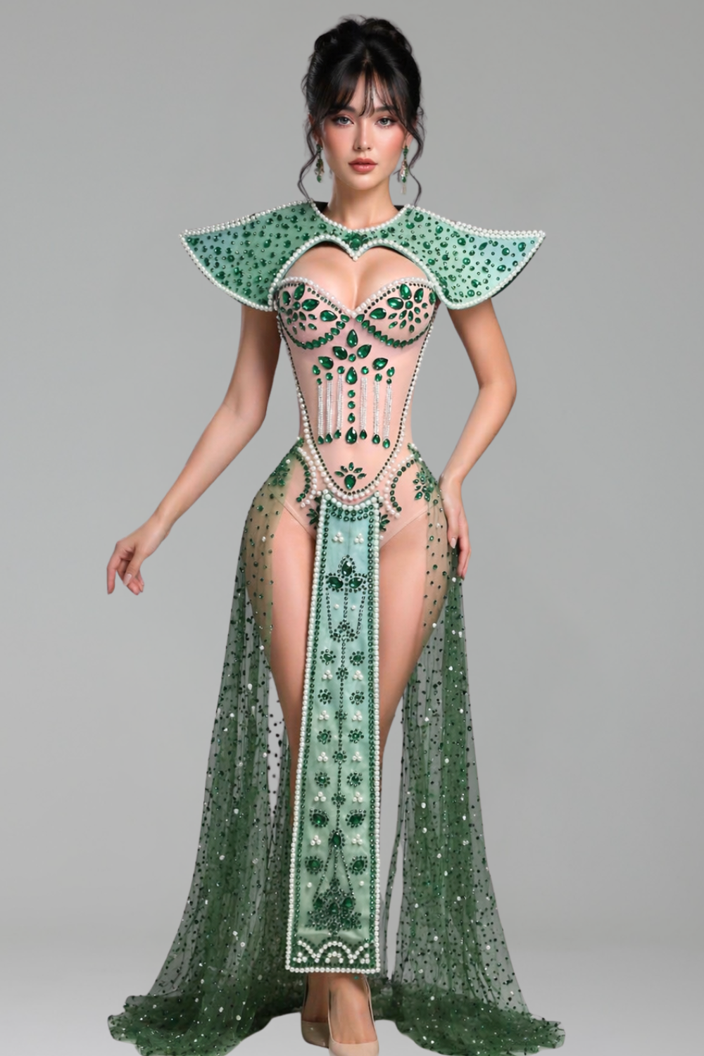 Crystal Bodysuit with Dramatic Cape - LAROSABRIDE