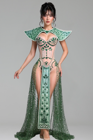 Crystal Bodysuit with Dramatic Cape - LAROSABRIDE