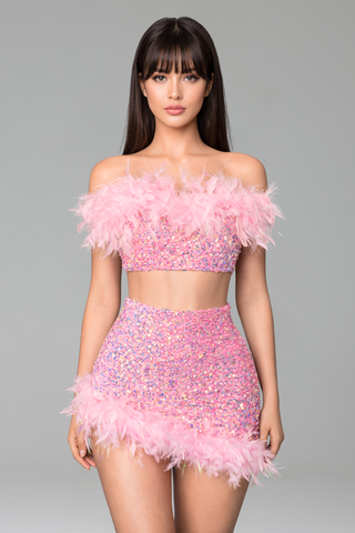 Off Shoulder Sequin Two Piece with Feathers - LAROSABRIDE