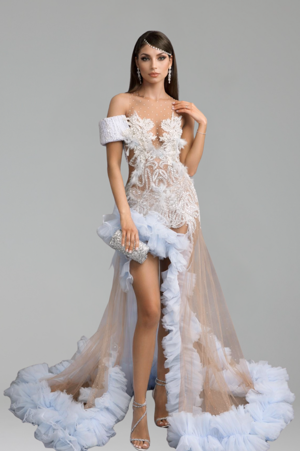 Feathered Illusion High Slit Gown - LAROSABRIDE