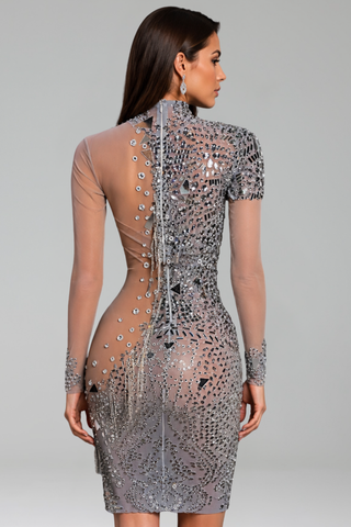 Gunmetal Crystal Illusion Mini Dress