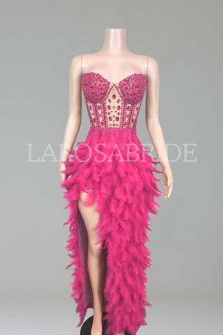 Feathered High-Slit Rhinestone Dress