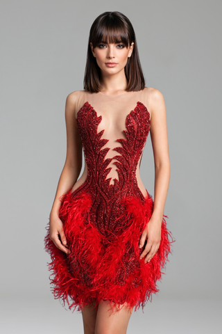 Illusion Mini with Beaded Bodice and Feathers - LAROSABRIDE