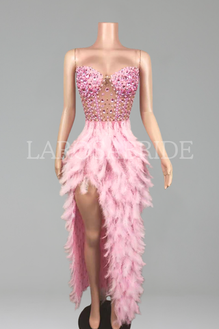 Feathered High-Slit Rhinestone Dress