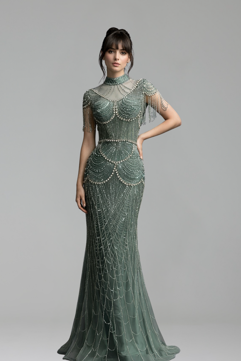 Beaded High-Neck Column Gown - LAROSABRIDE