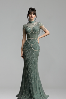 Beaded High-Neck Column Gown - LAROSABRIDE