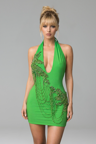 Plunging Halter Mini with Chain Embellishment