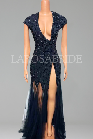 Beaded Slit Gown with Sheer Train