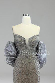 Gray Beaded Dress With Cape - LAROSABRIDE