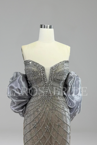 Gray Beaded Dress With Cape - LAROSABRIDE