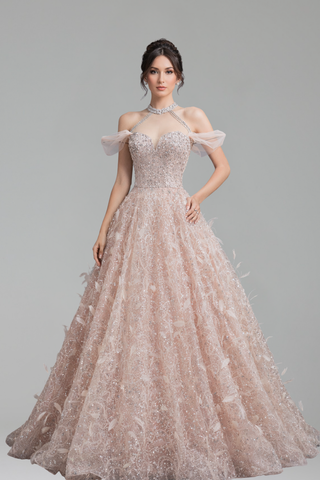 Pink Off The Shoulder 3D Flower Beaded - LAROSABRIDE