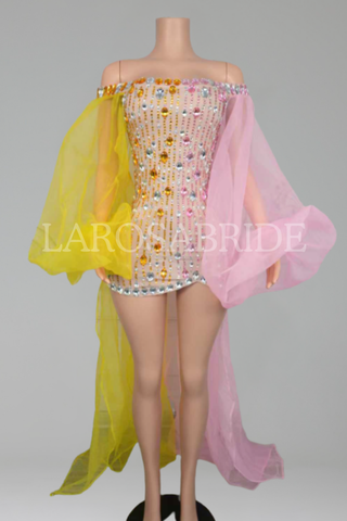 Off-Shoulder Rhinestone Mini Dress