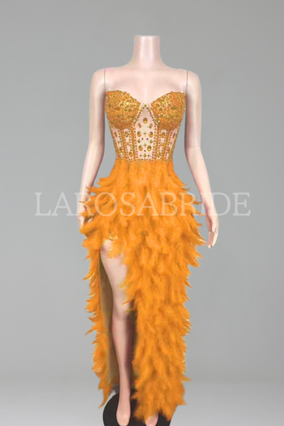 Feathered High-Slit Rhinestone Dress