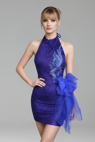 Blue Halter Embellished Mini Dress - LAROSABRIDE