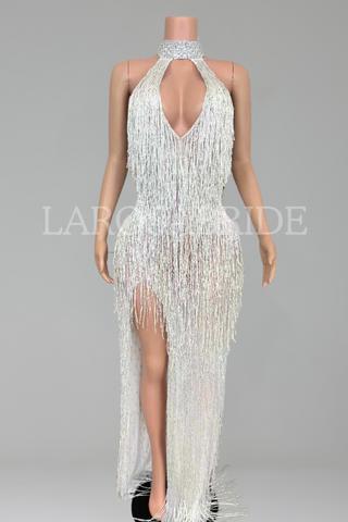 Silver Fringe Halter Gown