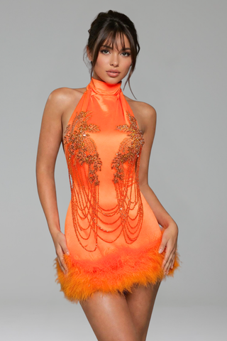 Beaded Halter Mini with Feather Hem