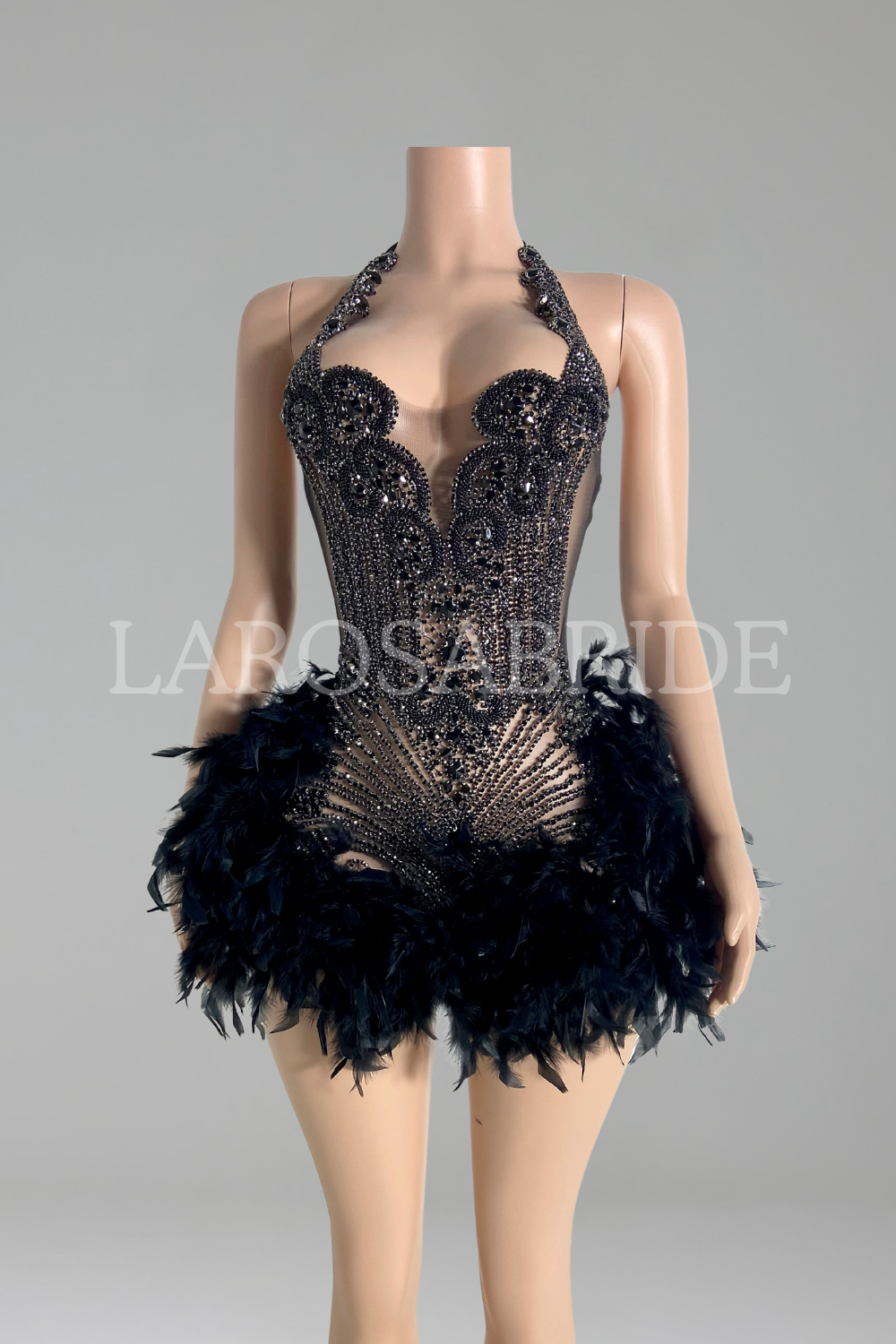 Beaded Halter Feather Mini Dress-Larosabride