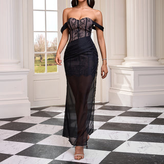 Strapless Sheer Black Lace Evening Gown with Draped Sash Detail