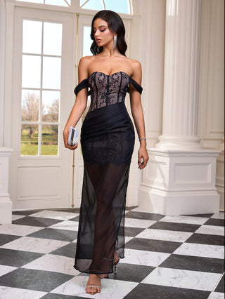 Strapless Sheer Black Lace Evening Gown with Draped Sash Detail