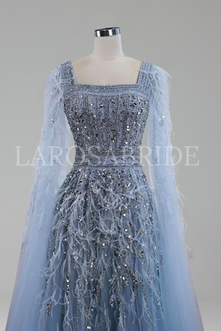 Beaded Feather A-Line Gown