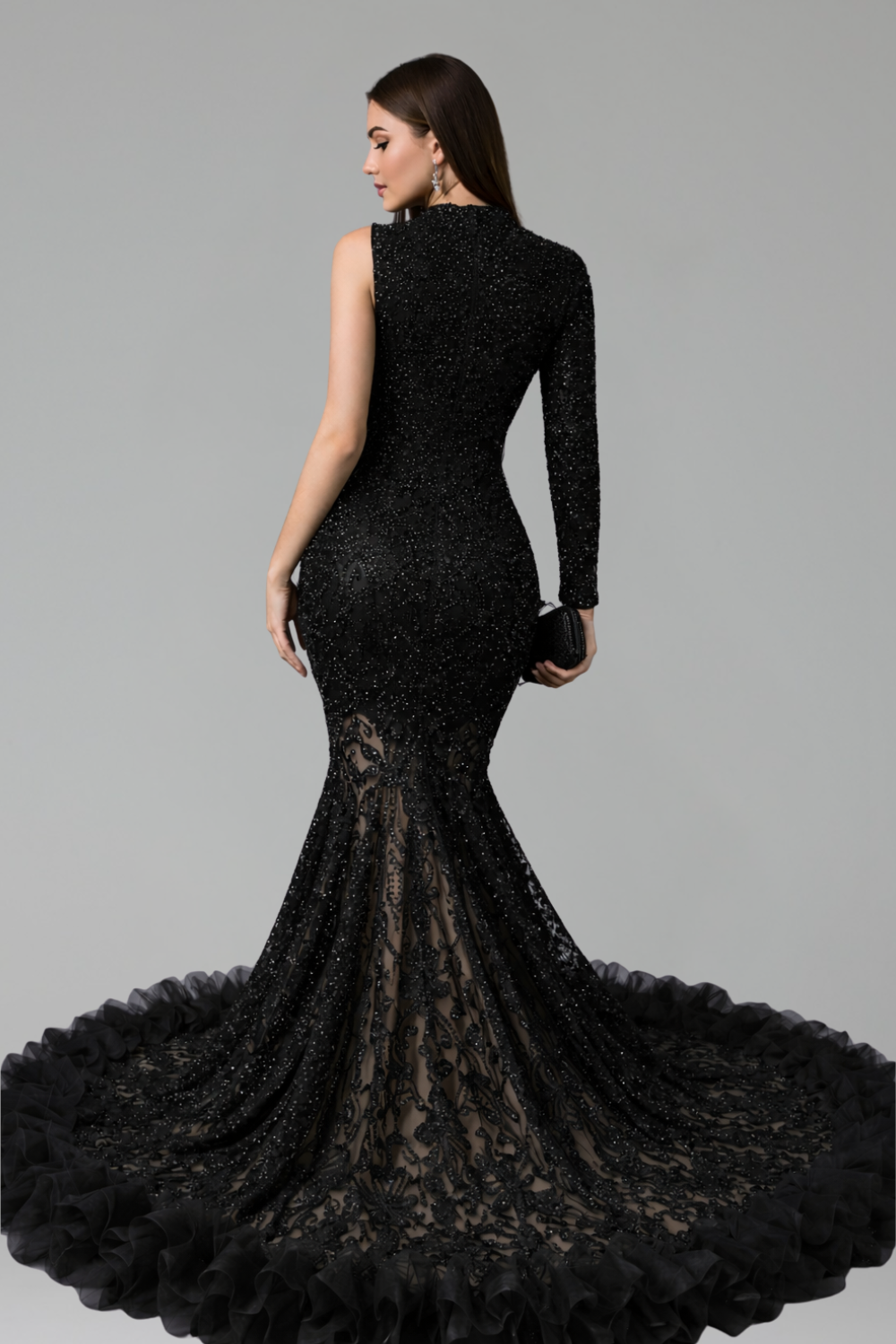 Beaded One-Shoulder Feather Detail Dress - LAROSABRIDE