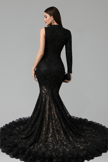 Beaded One-Shoulder Feather Detail Dress - LAROSABRIDE