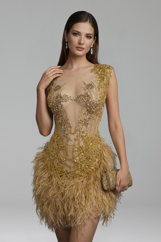 Gold Beaded Feather Mini Dress