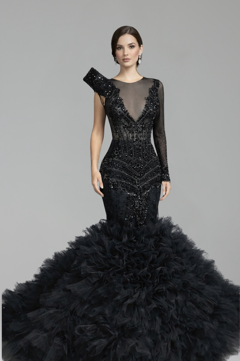 Asymmetric Illusion Beaded Mermaid Gown - LAROSABRIDE