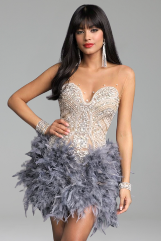 Feathered Embellished Strapless Mini Dress - LAROSABRIDE