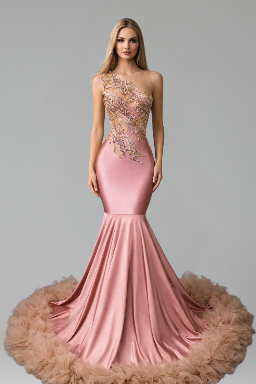 One-Shoulder Beaded Evening Gown - LAROSABRIDE