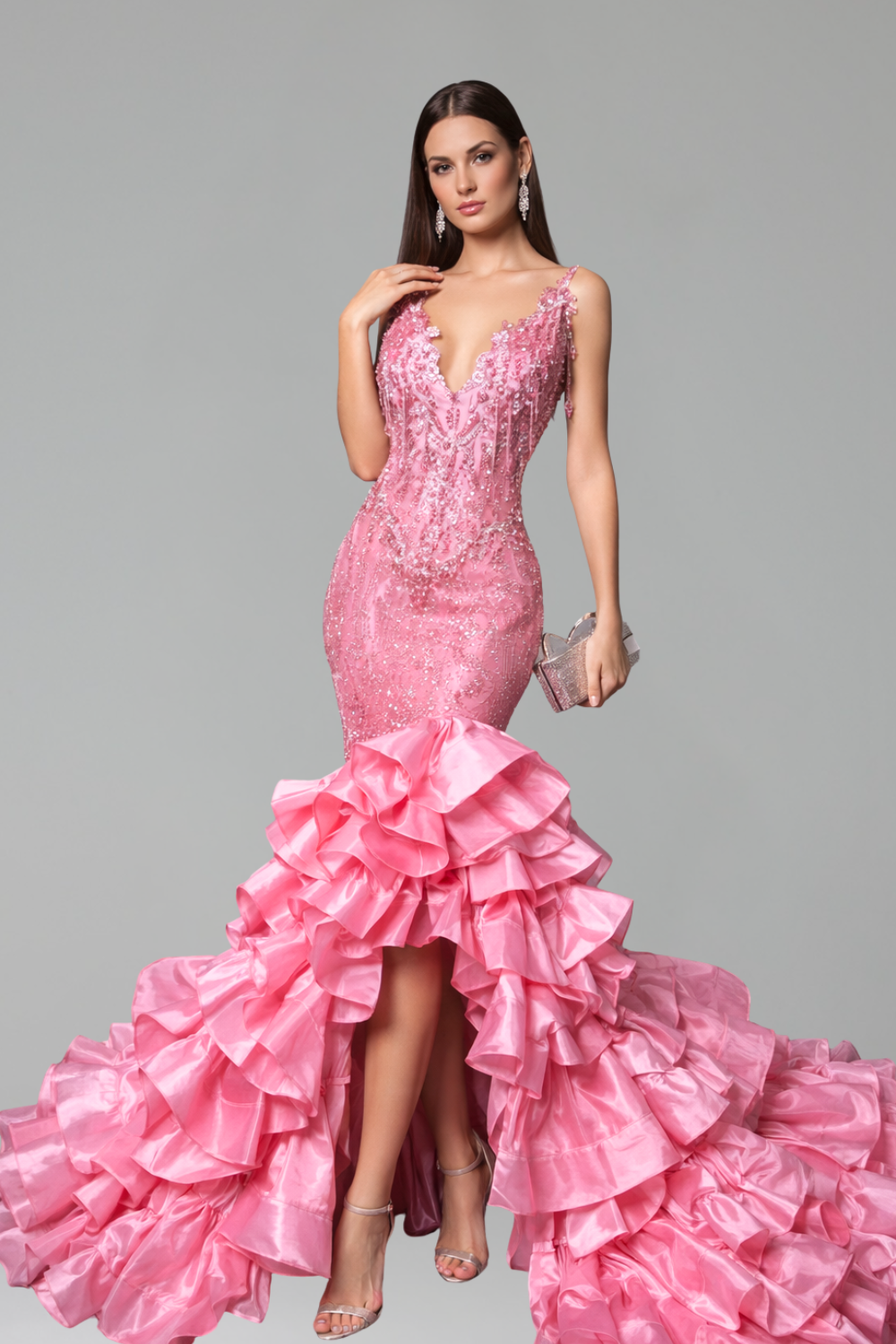 Beaded Ruffled Train Gown - LAROSABRIDE