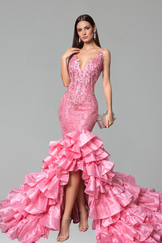 Beaded Ruffled Train Gown - LAROSABRIDE