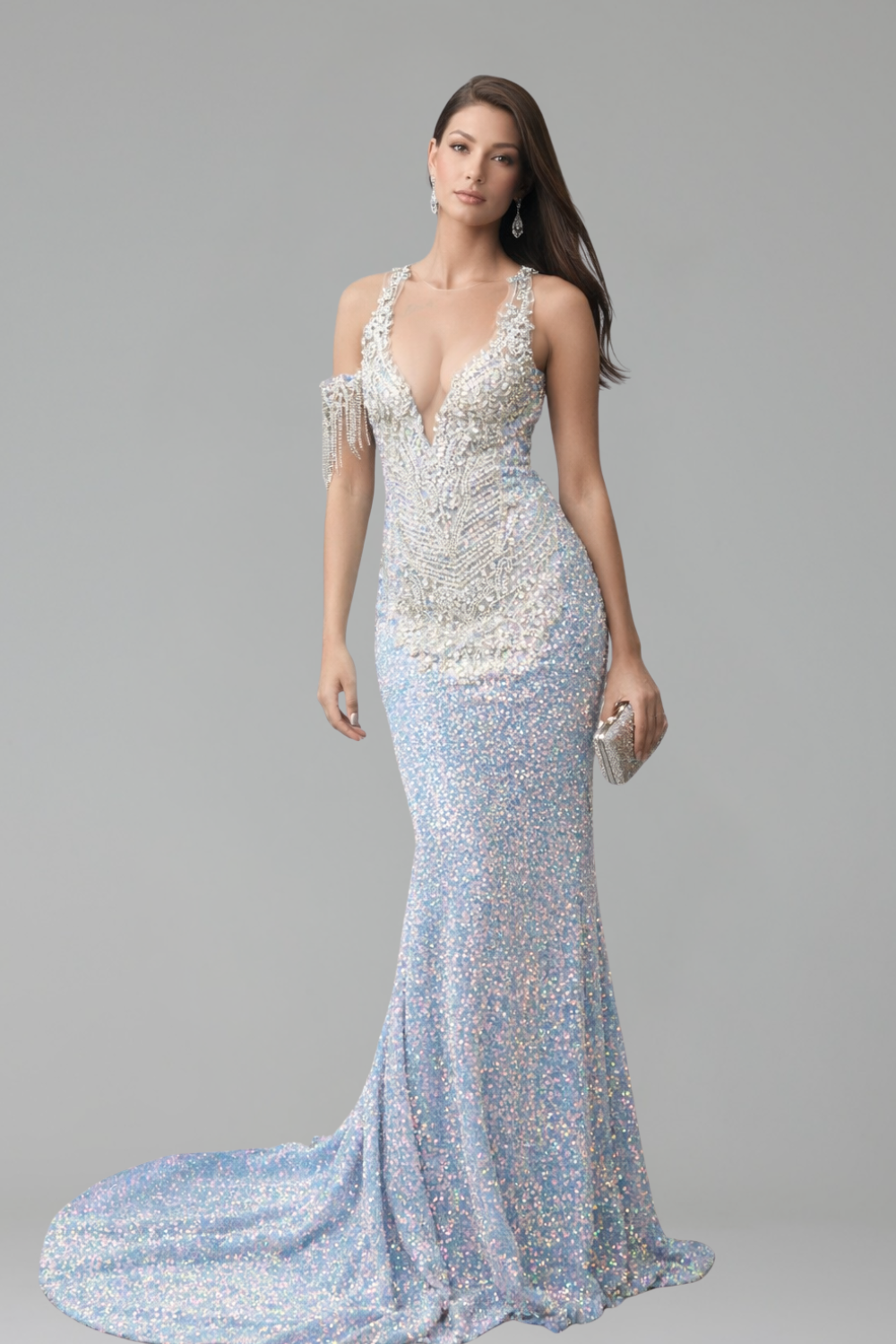 Beaded Deep V Mermaid Gown - LAROSABRIDE