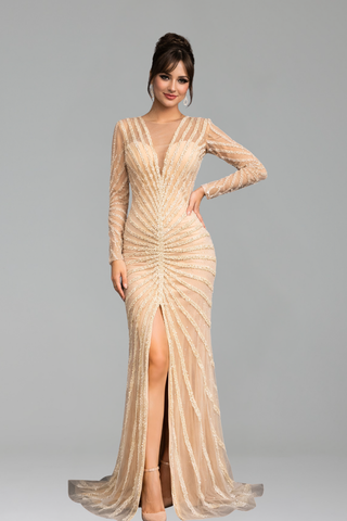 Beaded Split Mermaid Evening Dress - LAROSABRIDE