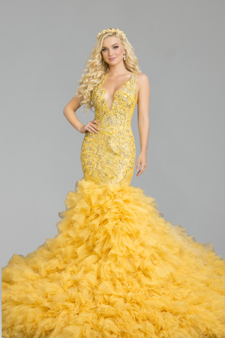 Embellished Plunge Ruffle Train Gown - LAROSABRIDE
