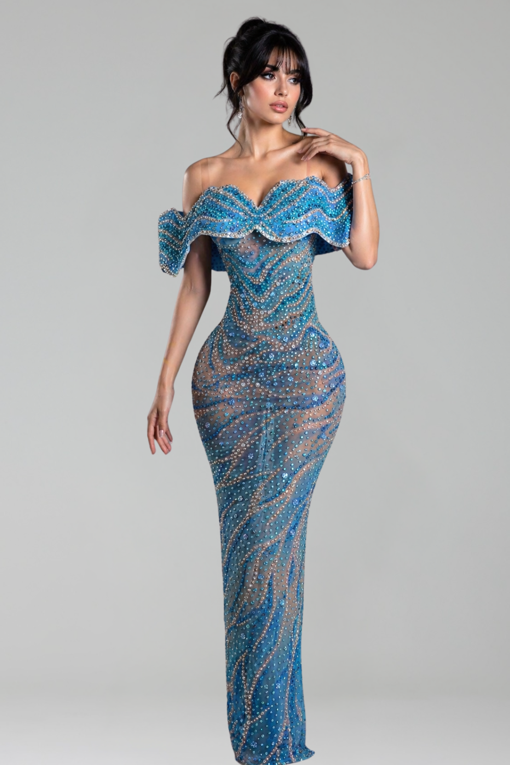 Off-Shoulder Crystal Wave Gown - LAROSABRIDE