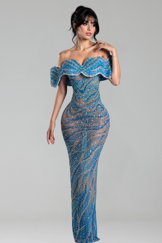 Off-Shoulder Crystal Wave Gown