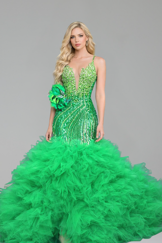 Beaded Plunge Mermaid Tulle Gown - LAROSABRIDE
