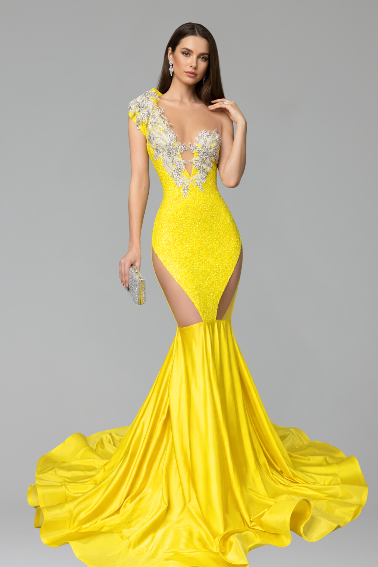 Yellow Beaded One Shoulder Mermaid Gown - LAROSABRIDE