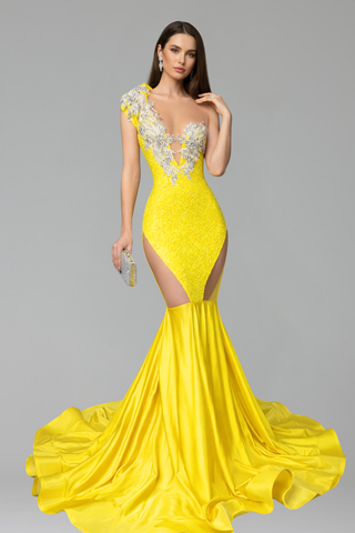 Yellow Beaded One Shoulder Mermaid Gown - LAROSABRIDE
