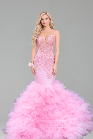 Crystal Embellished Mermaid Tulle Gown - LAROSABRIDE