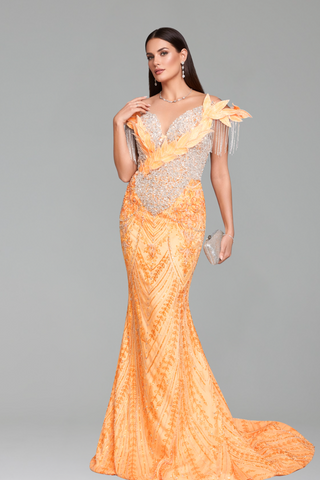 Beaded Fringe Shoulder Mermaid Gown