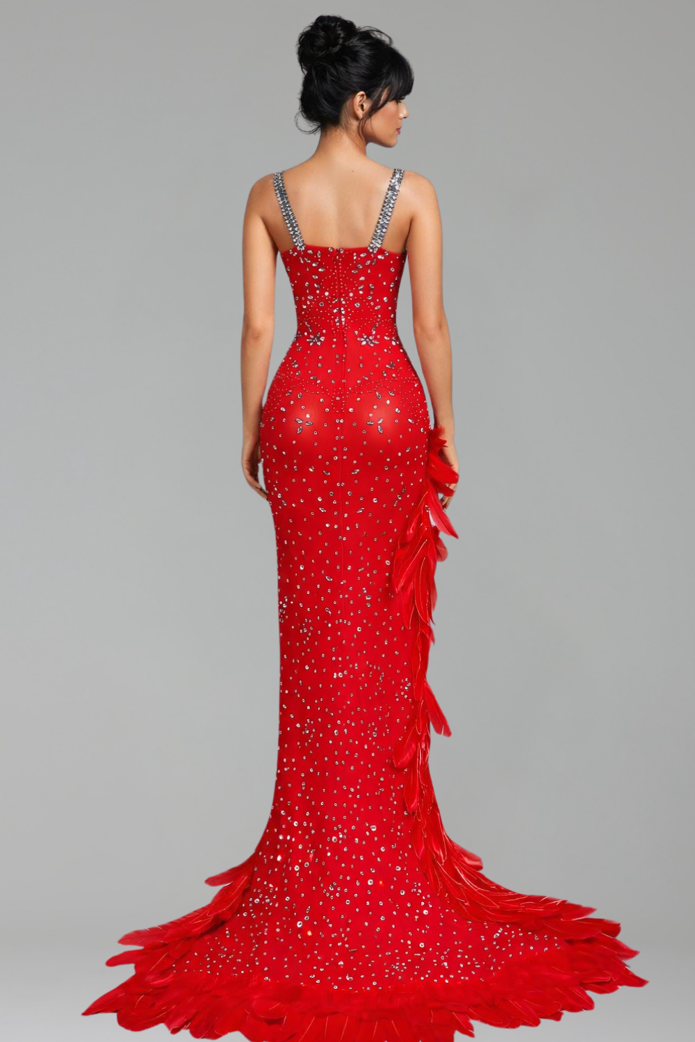 Embellished Feather Slit Evening Gown - LAROSABRIDE