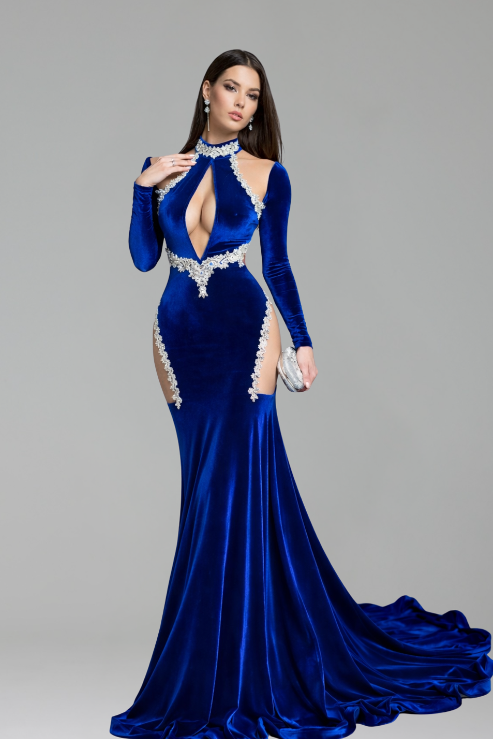 Royal Blue Cutout Velvet Mermaid Gown - LAROSABRIDE